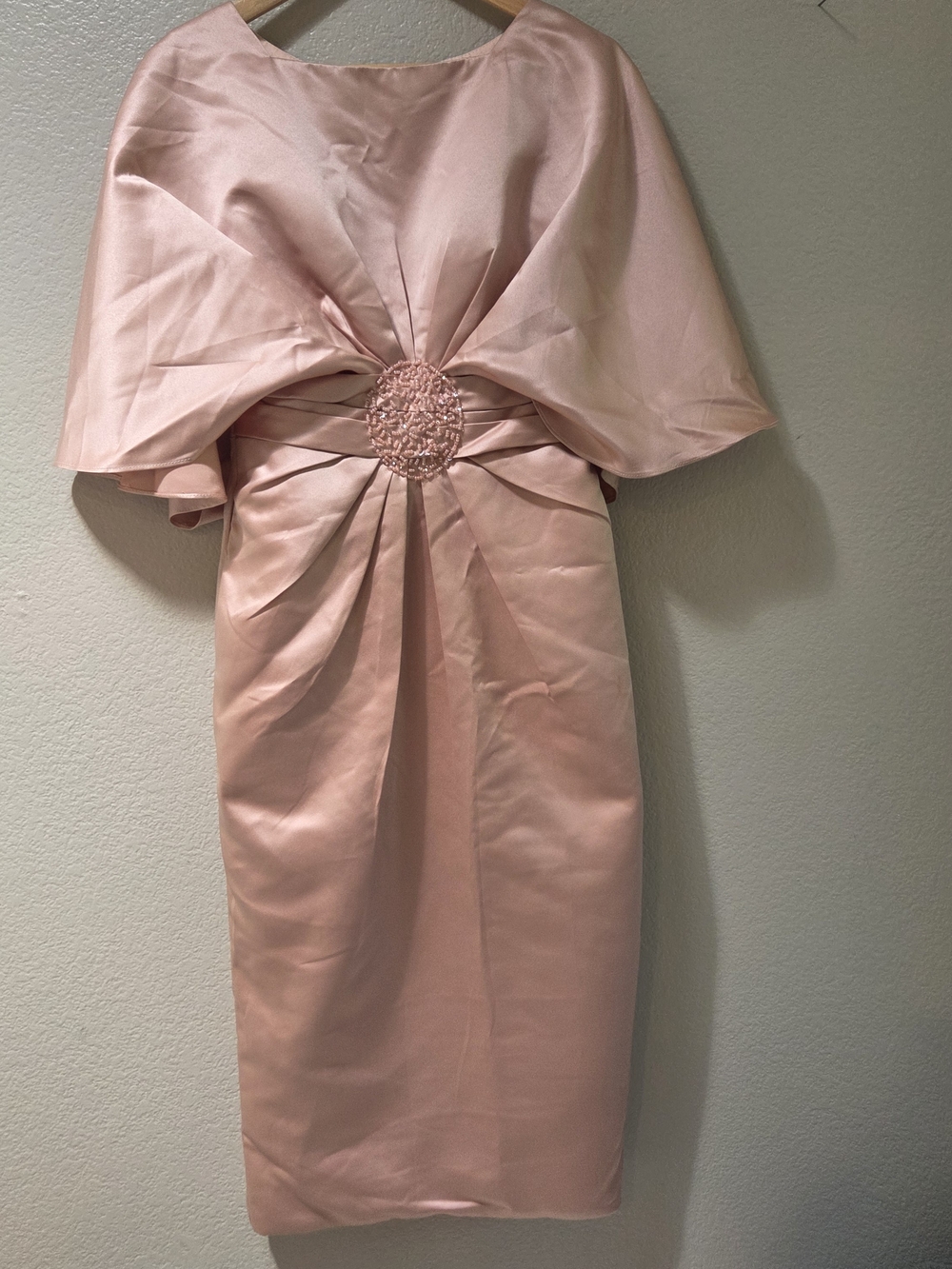 Elegant Blush Peach Satin Cape Dress Beaded Brooch Mother of Bride Formal
